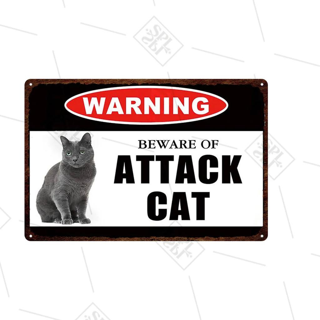 Pet Shop Warning Sign Beware of The Attack Cat Metal Sign Animals Tin Plate Pet Shop Wall Sticker Decoration Vintage Home Decor