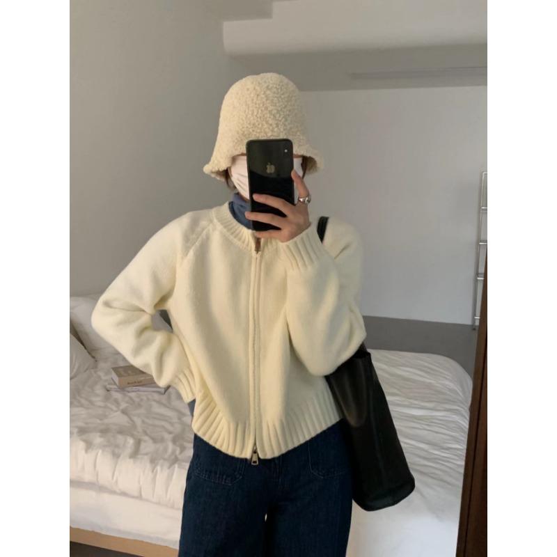 

Double zipper short orange sweater jacket women s autumn and winter new thickened knitted jacket slim short top One size