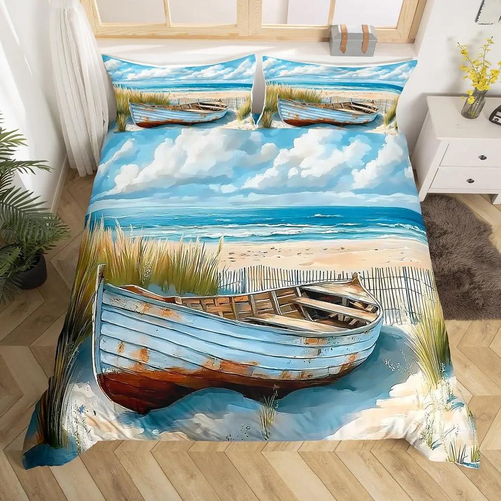 Sailboat Bedding Set Sailing Ship Comforter Cover Ocean Wave Nautical Duvet Cover For Kids Boys Girls Cartoon Ship
