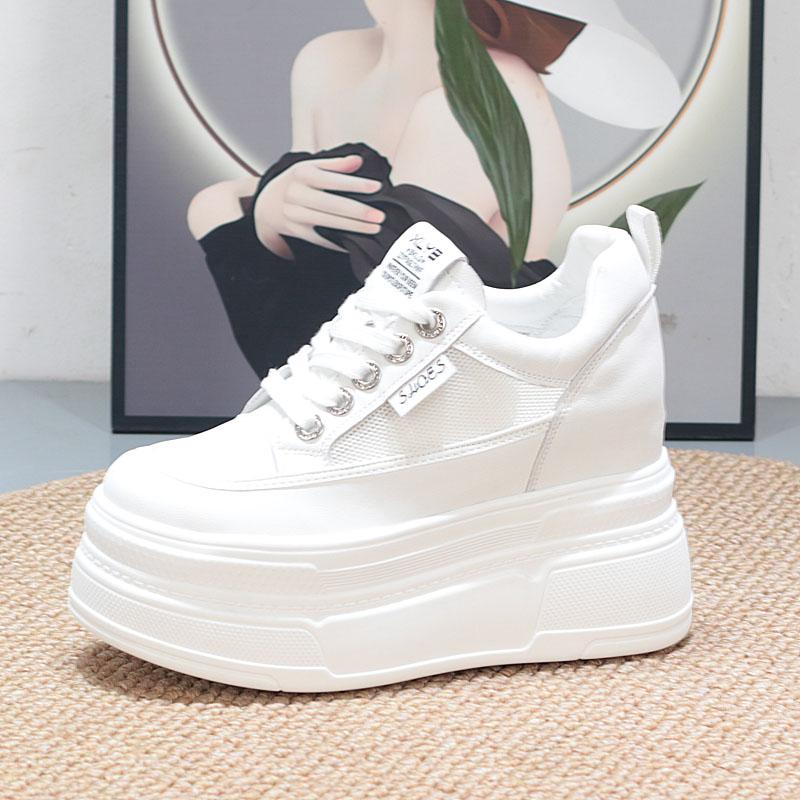 Fashion 12CM Air Mesh Genuine Leather Women Sandals Platform Wedge Comfy Vulcanize Chunky Sneakers Summer Hollow Breathable Shoes