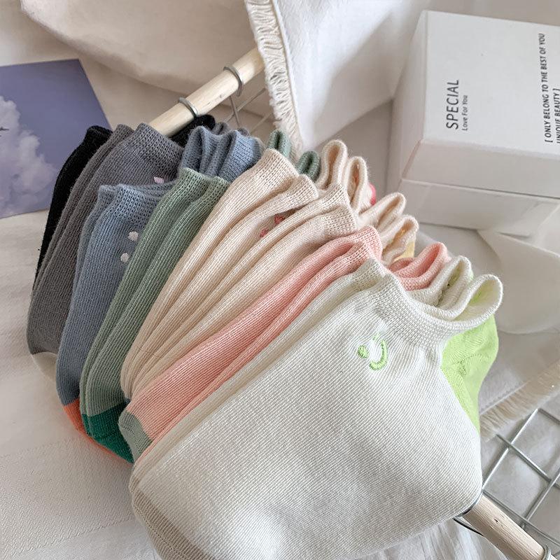 2024 Socks Candy-Colored Smiley Face Embroidered Combed Cotton Invisible Socks Ingots Shallow Low-Top Boat Socks