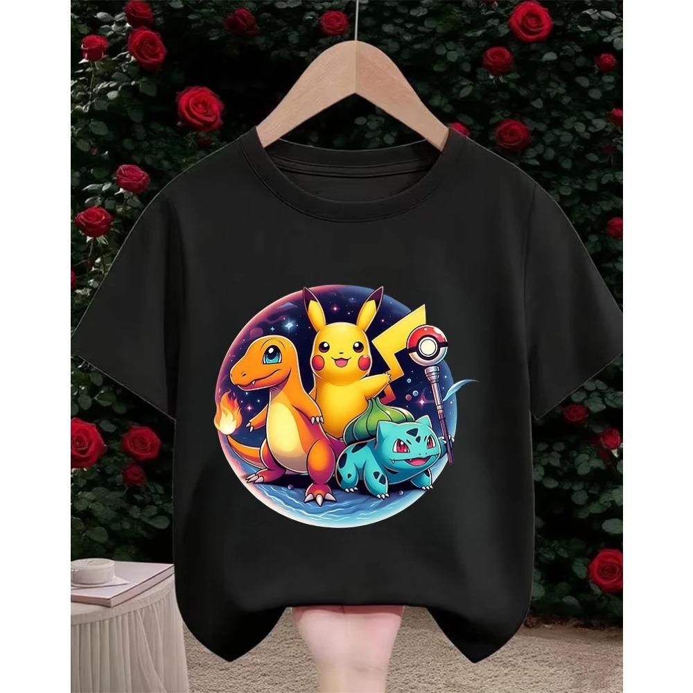 Crew Neck Cute Pikachu T Shirt 3-14Y Boys Girls Summer Kawaii Fashion Street Hot Cartoon Casual Children