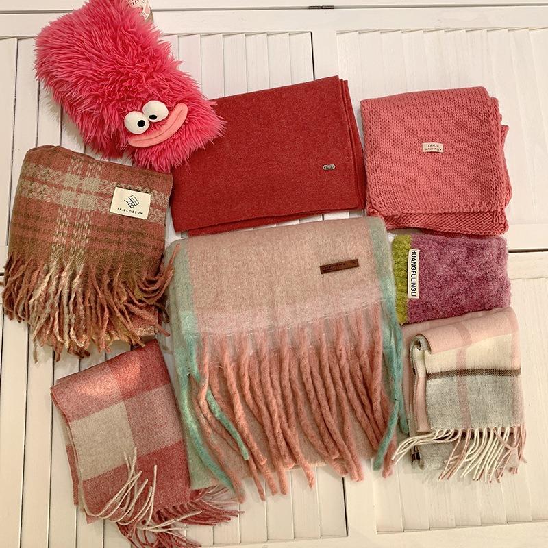 Pink scarf women's new autumn and winter high-end feeling raspberry powder warm shawl versatile scarf