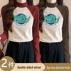 Two-Piece Women's German Velvet Color Block Semi-High Neck Slim Fit Warm Shirt