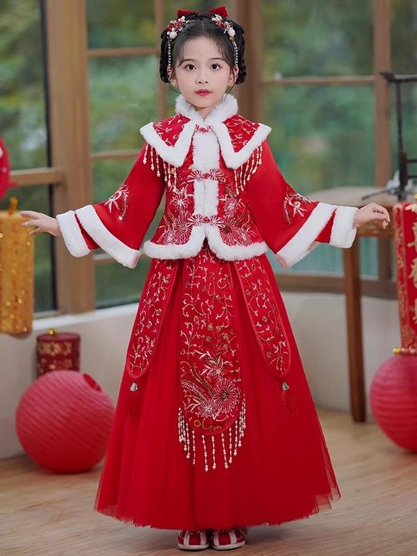 Winter 2025 Girls' Hanfu: New Year's Chinese Tang Suit & Skirt Set