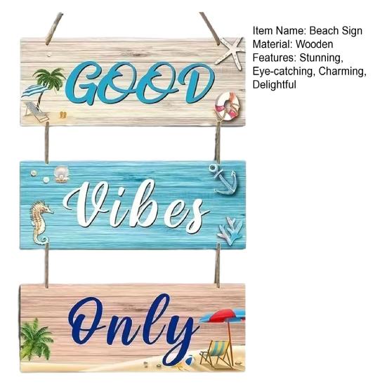 Strand-Thema Wandschild Nur Gute Vibes Holz-Hängeschild mit Hanfseil Küsten-Ozean-Stil Willkommensschild für Veranda Zaun Außen Innen Dekoration