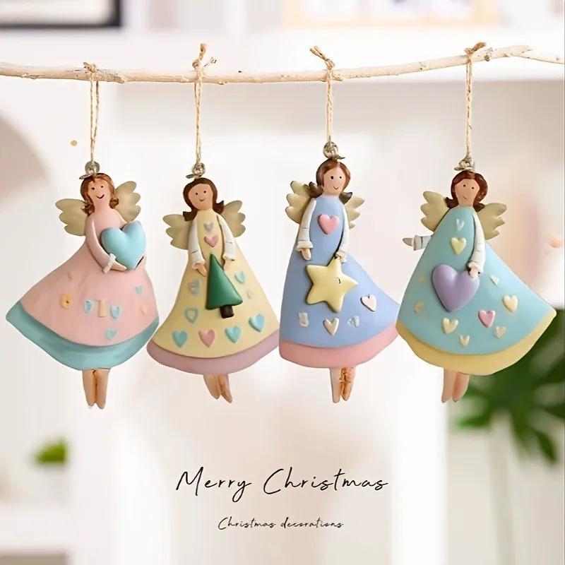 4 Stück Vintage Engel Fantasy Holzornamente Set Weihnachtsbaumdekorationen Navidad Festliche Wohnakzente Neujahrsgeschenk