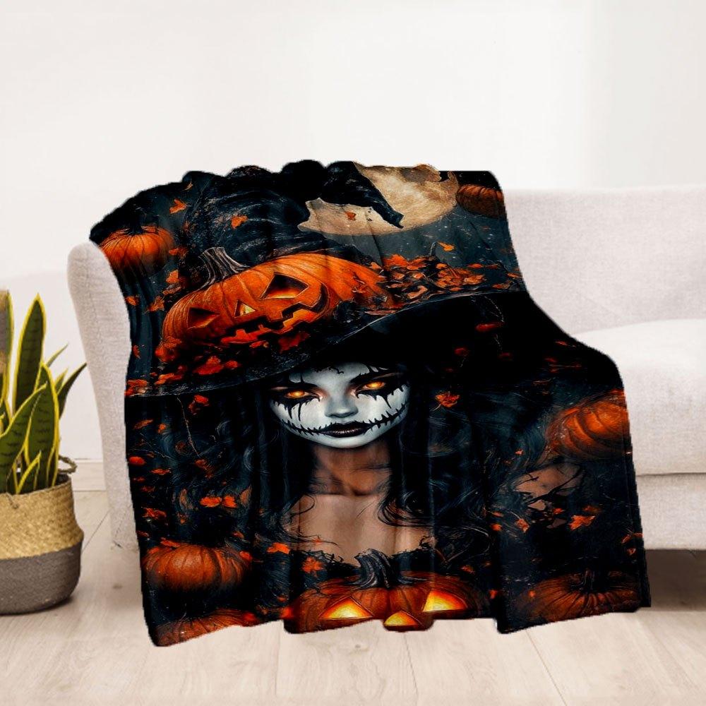 "Halloween Witch Costume with Jack-o'-Lantern Hat"Blanket Flannel Throw Blanket for Sofa, Bed, Travel, Camping, Office
