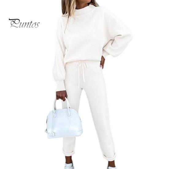 Solid Color 2 Pcs/Set Women Tracksuit Loose Half Turtleneck Casual Elastic Waist Keep Warm Drawstring Sportwear Sweatshirt Sweatpants Suit