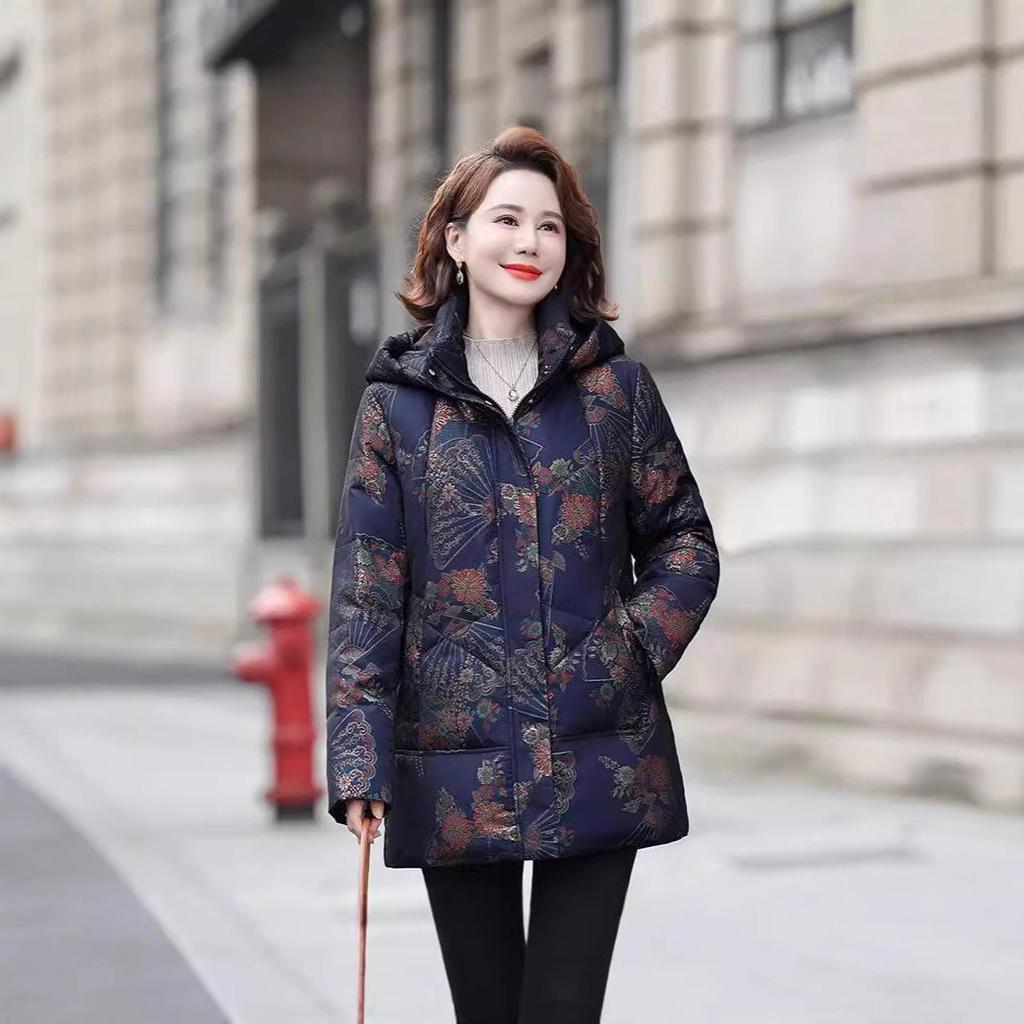 2026 Women's Winter Hooded Down Jacket: Warm, Windproof, Versatile Print for Mid-to-Older Age Moms