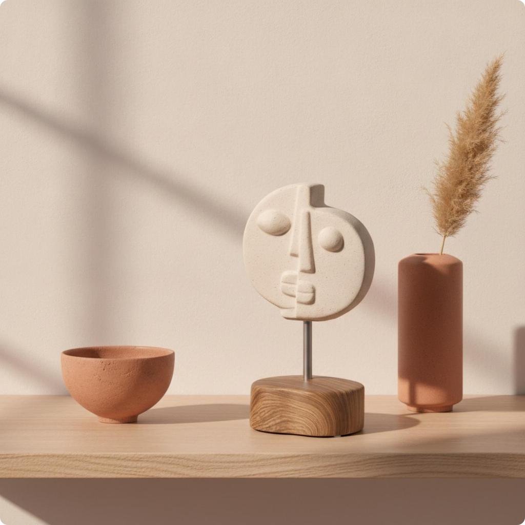 Abstract Face Figurine Minimalist Tabletop Statue with Wood Base Modern for