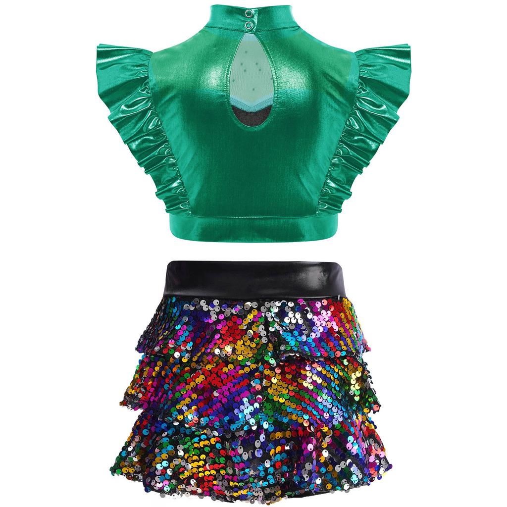 Completo Jazz Dance per Ragazze con Scollo Alto Crop Top e Culotte con Paillettes Patchwork in Rete con Strass Costume Senza Maniche