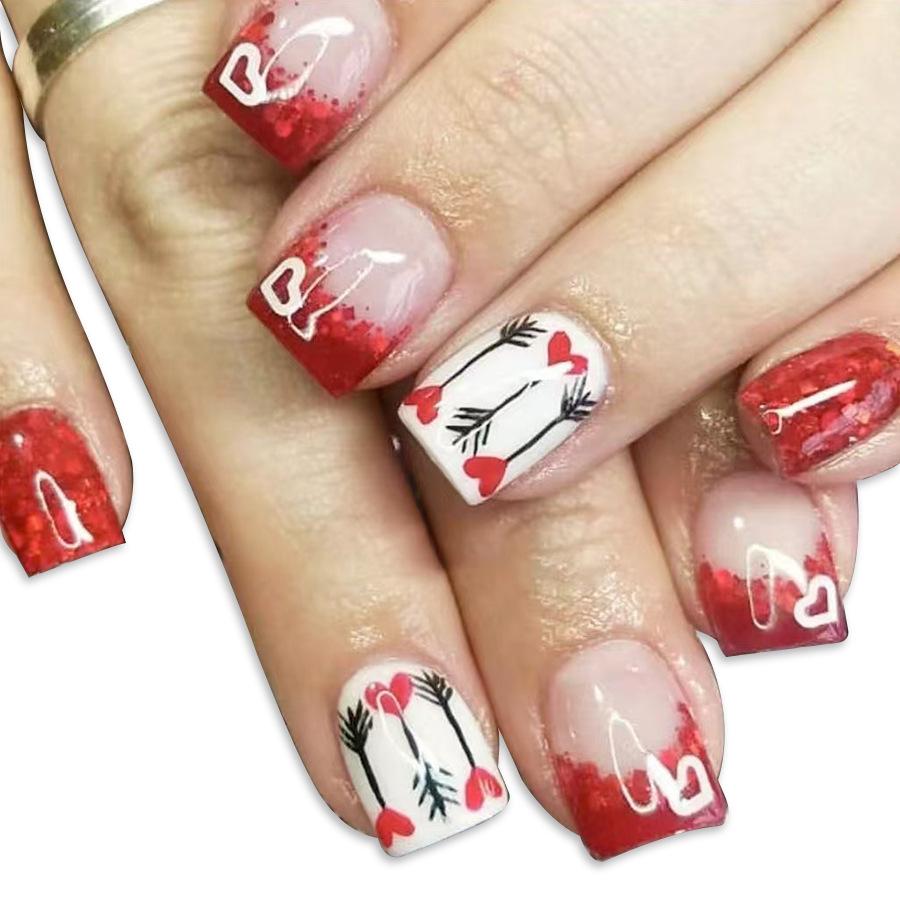 

Valentine s Day 2025 Red Glitter Heart Press-On Nails - 24 Glossy Square Pieces