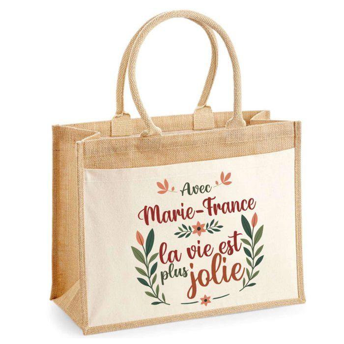 Sac cabas - PLANETEE - jute avec poche Marie-France la vie est plus jolie - Jute naturel - Imprimé en France - 43x33 cm