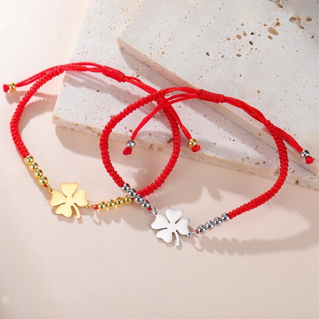 Cazador Stainless Steel Four-leaf Clover Charm Women's Hand Bracelets Red Black Color Wax Rope Bracelets Lucky Jewelry Gifts