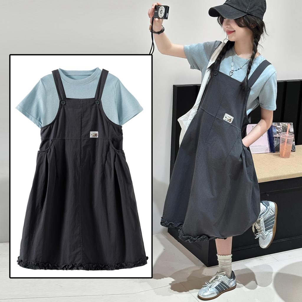 Girls' Summer Outfit Set 2026 New Korean Style Simple T-shirt Shoulder Strap Skirt Stylish Two-piece Set for Children