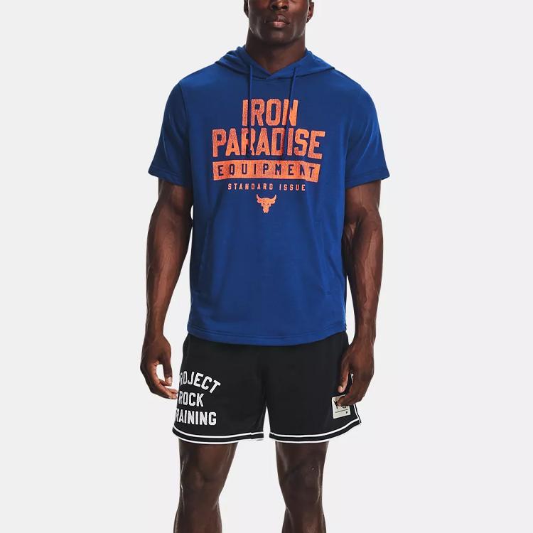 Under Armour Project Rock Print Short Sleeve Hoodie Men Tops Phantom-Blue 1378018-471