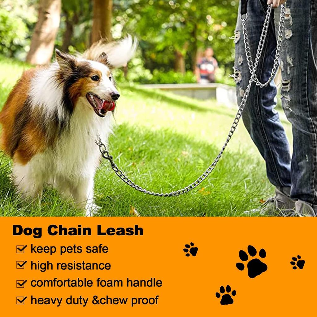 Heavy Duty Metal Dog Leash, 6 FT Chew Proof Pet Leash Chain with Soft Padded Handle for Large & Medium Size Dogs (6 FTx3 mm (30-120 lbs))