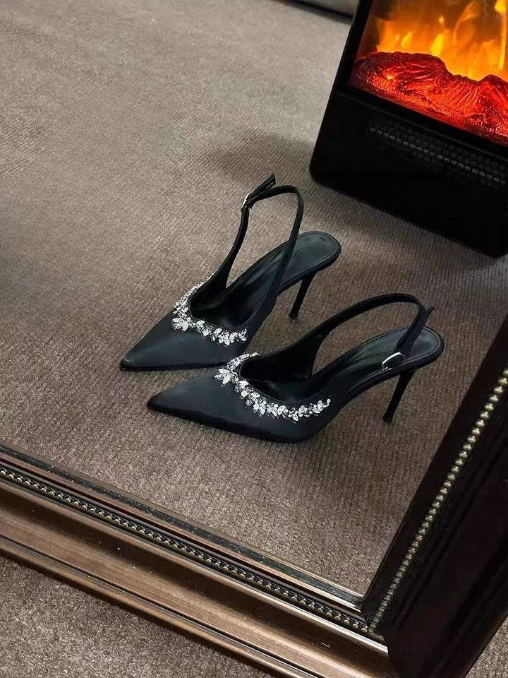 Pointed sandals fashion banquet shoes sexy black stiletto high heels women's 2026 new one-word with rhinestone single shoes