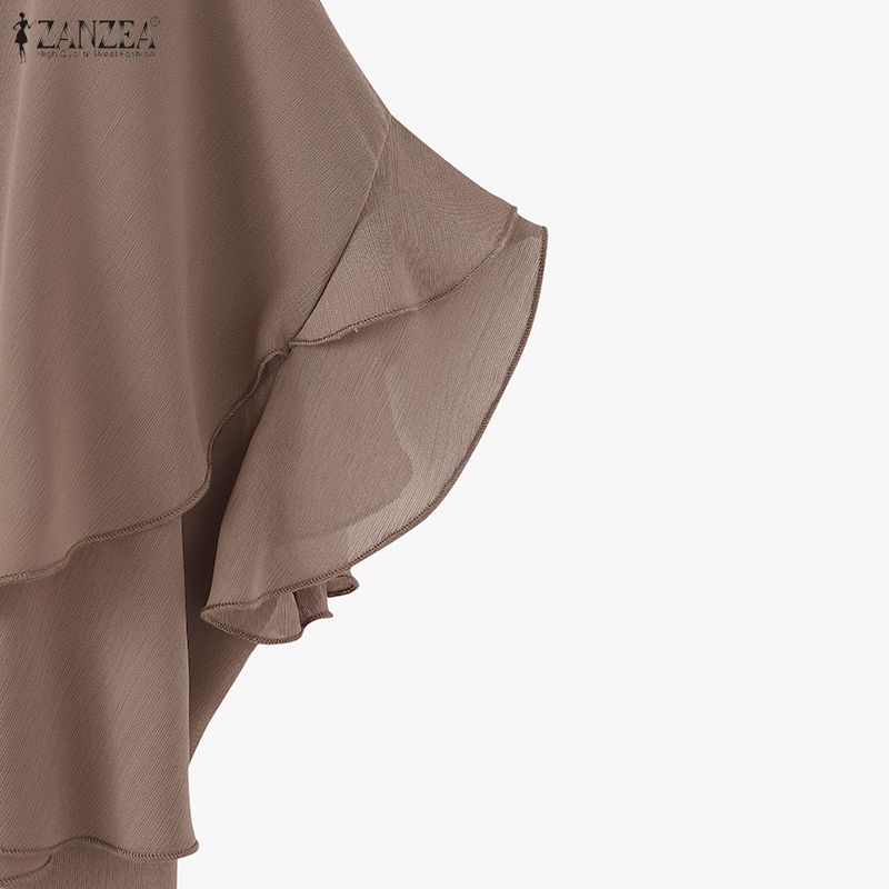 ZANZEA Women Casual Round Neck Loose Ruffles Short Sleeve Blouse