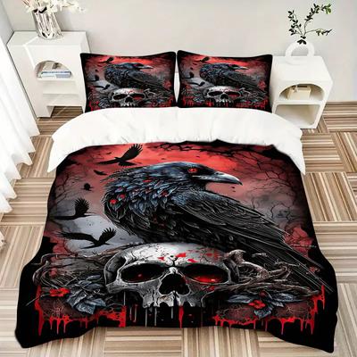 3pcs Crow and Skull Printed Duvet Cover Set (1 * Cover+2 * Pillowcase, Without Core), Suitable for Home Bedroom,