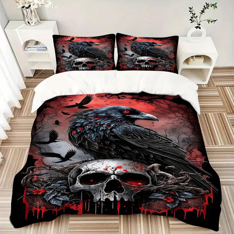 3pcs Crow and Skull Printed Duvet Cover Set (1 * Cover+2 * Pillowcase, Without Core), Suitable for Home Bedroom, Guest Room, Dormitory Decoration
