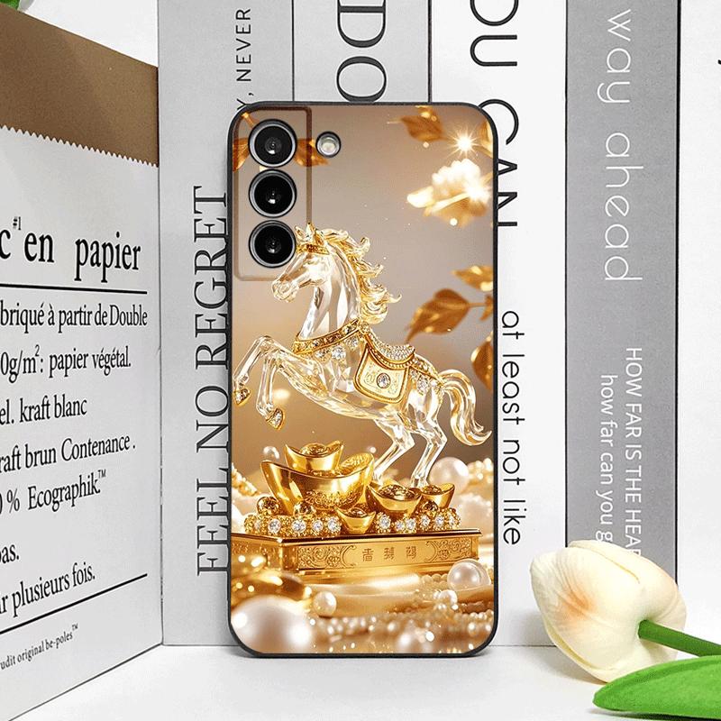 Luxury Crystal Golden Horse Pattern Phone Case for Samsung Galaxy S25 S24+ S23 Ultra S22 Plus S21 FE M53 Shockproof Soft Covers