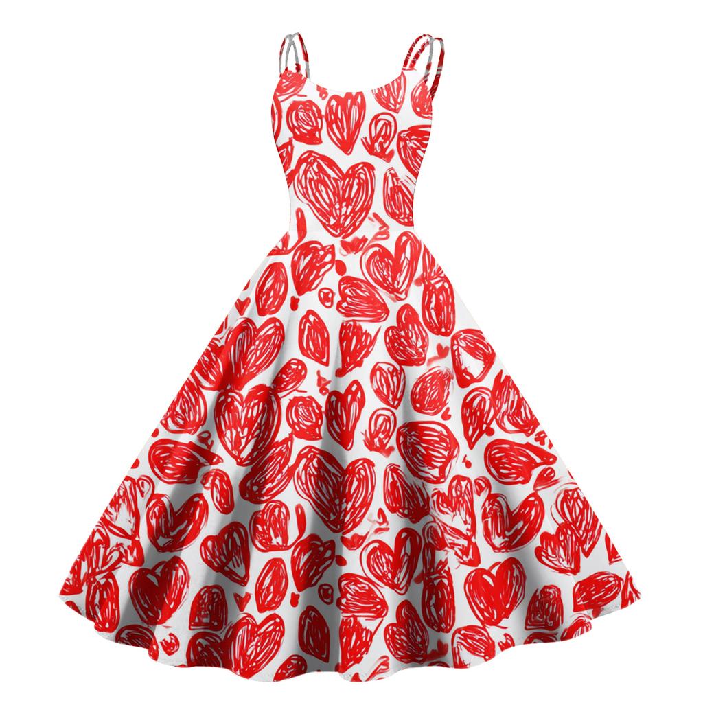 Women's Valentine's Day Love Heart Print Sexy Off Shoulder Vintage Dress