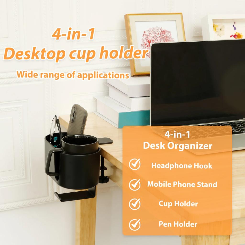 4 in 1 Desk Cup Holder Clamp on Under Desk Headphone Hanger Versatile Easy to Install Cup Holder for Coffee Mugs Water Bottles
