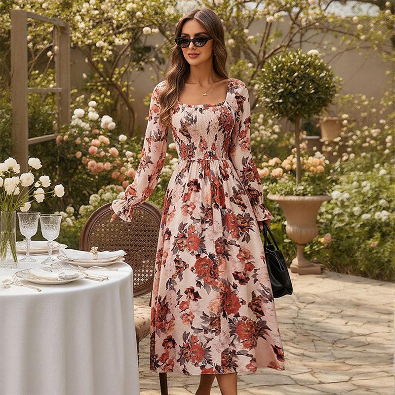

2025 Autumn and Winter New Fashion Square Neck Retro French Temperament Flower Casual Print Dress S абрикосовый