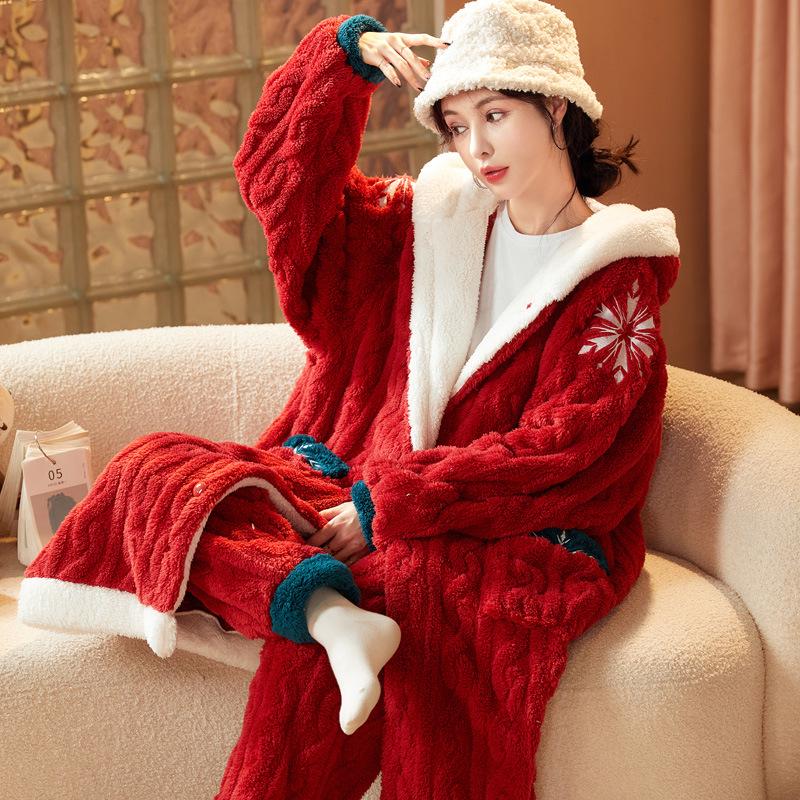 Women's Thickened Flannel Pajama Set - Coral Fleece Long Robe for Autumn/Winter