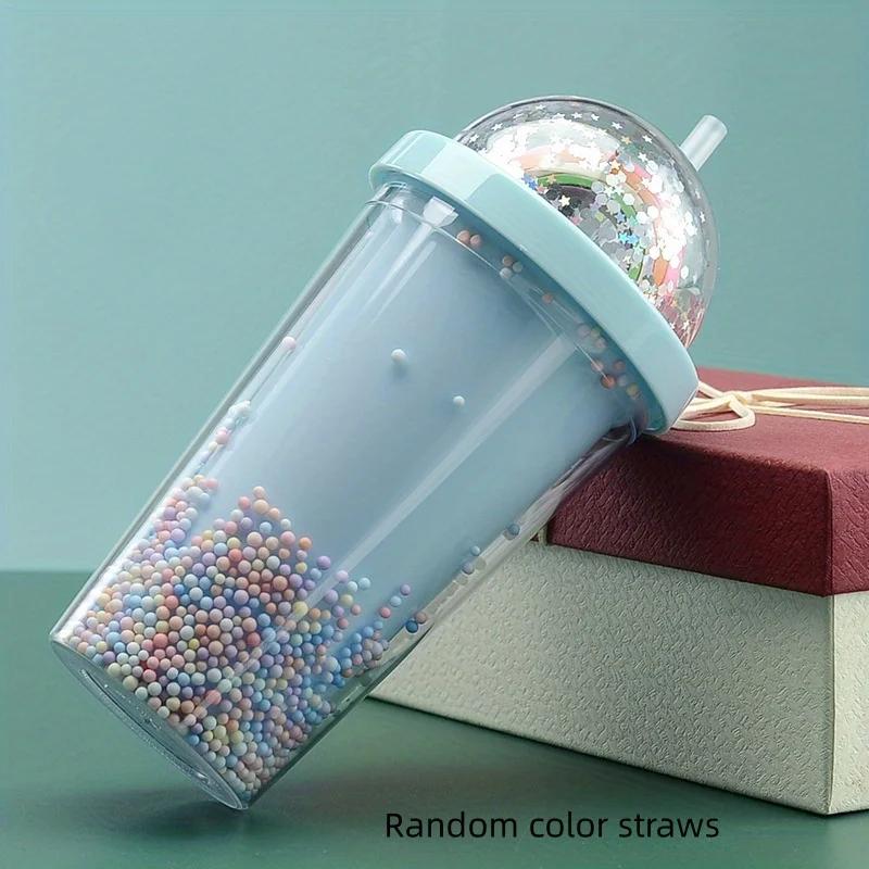 

500 мл Мультяшная Милая Радужная Кружка с Соломинкой Двойной Пластик Без БФА Женская Девичья Бутылка для Воды для Сока Молока Кофе Питьевой Тамблер 500ml синий