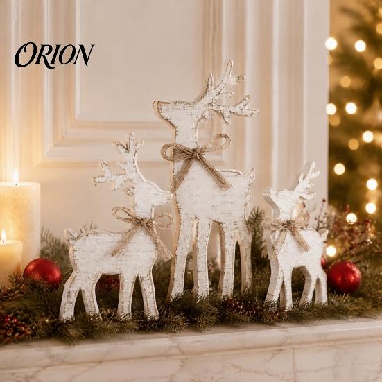 Christmas Elk Tabletop Decor 3Pcs/Set Wooden Table Sign, Rustic Reindeer Family Decoration, Decorative Sign Jute Rope Bow Centerpiece for Xmas Holiday