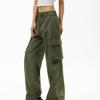 Damen Elastische Hose mit Hohem Bund Lässige Passform Weites Bein Lange Hose Hose mit Taschen