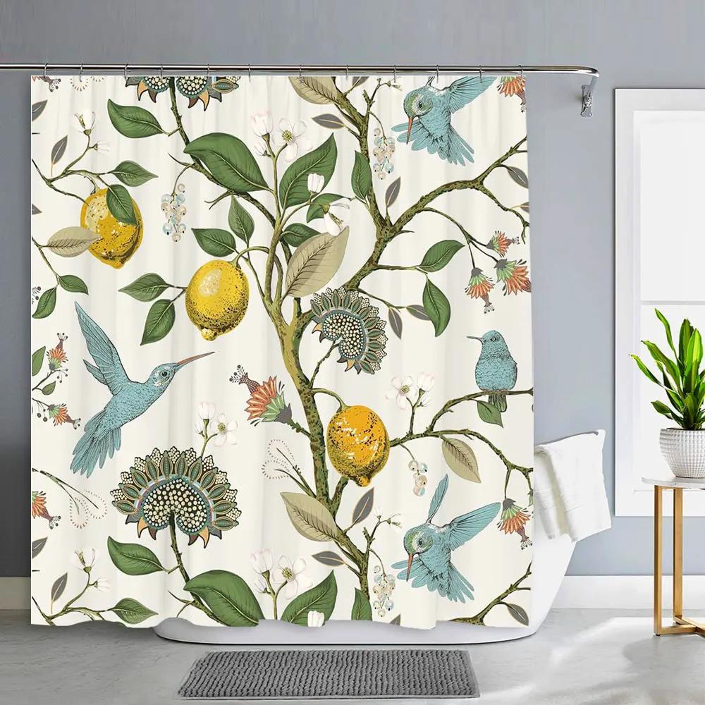 Flower Bird Shower Curtain Botanical Flower Leaf Home Decor Polyester Fabric Washable Shower Curtains Bathroom Decor With Hooks