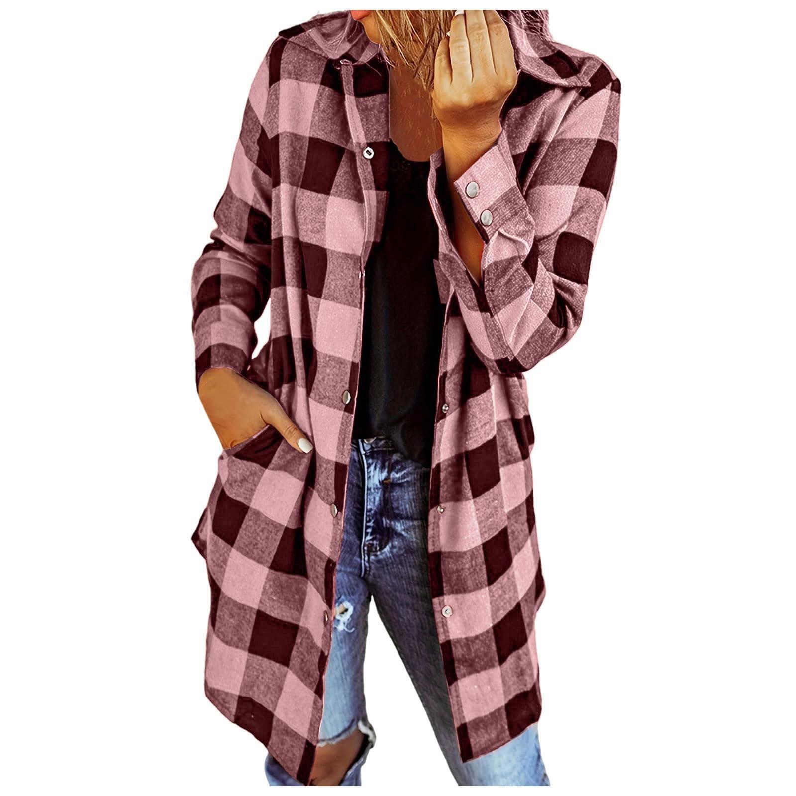 

Модные женские повседневные карманы с решетчатым принтом и длинными рукавами, куртка, пальто L розовый