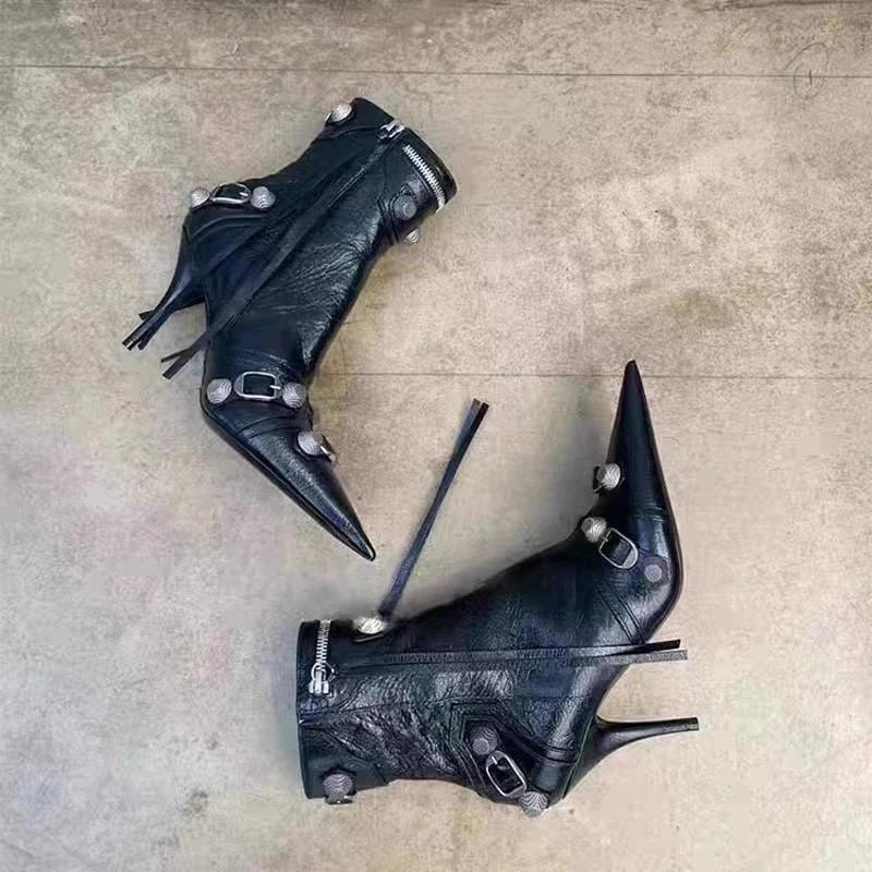 Women's Fashion High-heeled Ankle Boots Fall New Pointed Side Zipper Metal Buckle Buckle Temperament Stiletto
