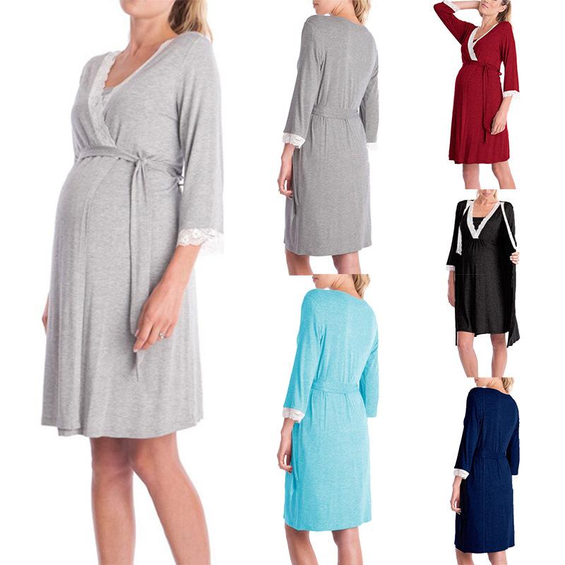Women's V Neck Lace Trim 3/4 Sleeve Wrap Maternity Nursing Dress With Waist Tie