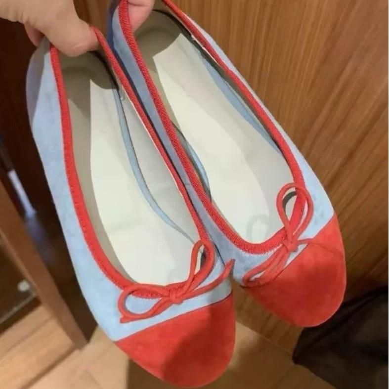 Cowhide Version~ Korean Version of Color Matching Round Head Suede Bow Flat-bottomed Mary Jane Single Shoes Women's One-pedal Ballet Shoes