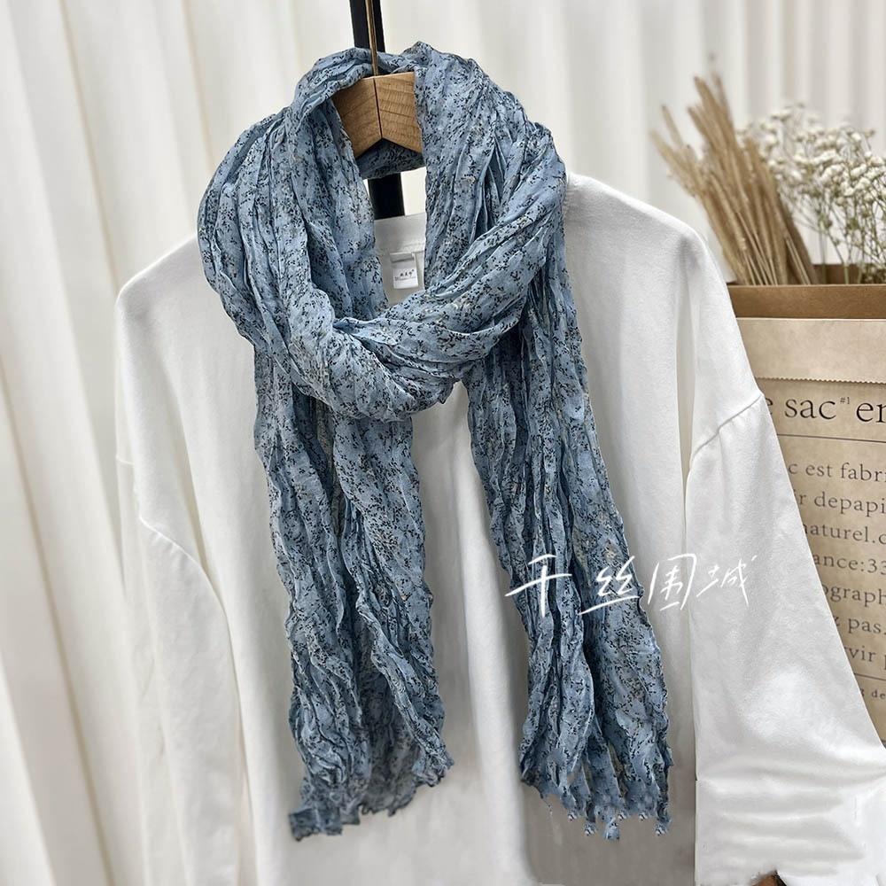 New Retro Literary Imitation Cotton And Linen Pleated Thin Versatile Shawl Small Floral Scarf Yarn Japanese Fashion Trend