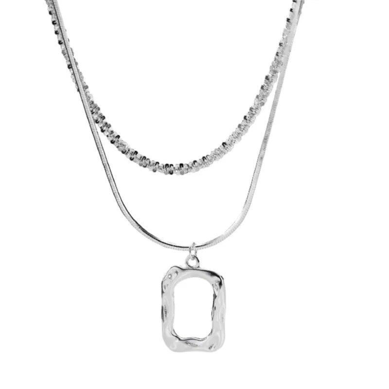 ANENJERY Square Double Layer Lava Picture Frame Stacked Necklace for Women Delicate Clavicle Chain Engagement Jewelry Gifts