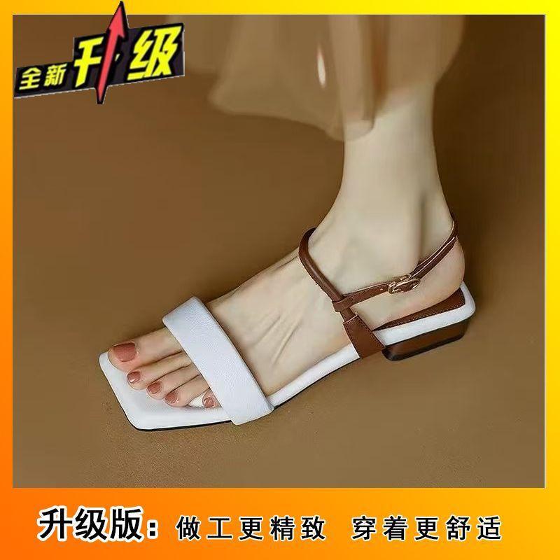 

2025 summer fashion casual square head low heel one word with sandals fairy thick heel soft sole design shoes 40