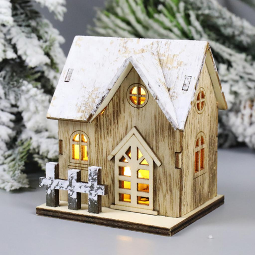 Illuminated Christmas Ornament Wood House Figurine Ornament Desktop Decorations for Holiday Decorations or Gift
