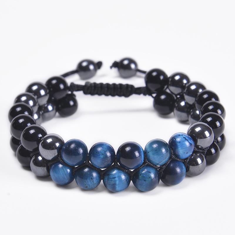 Handmade Double-Layer Blue Tiger Eye & Obsidian Bracelet for Men