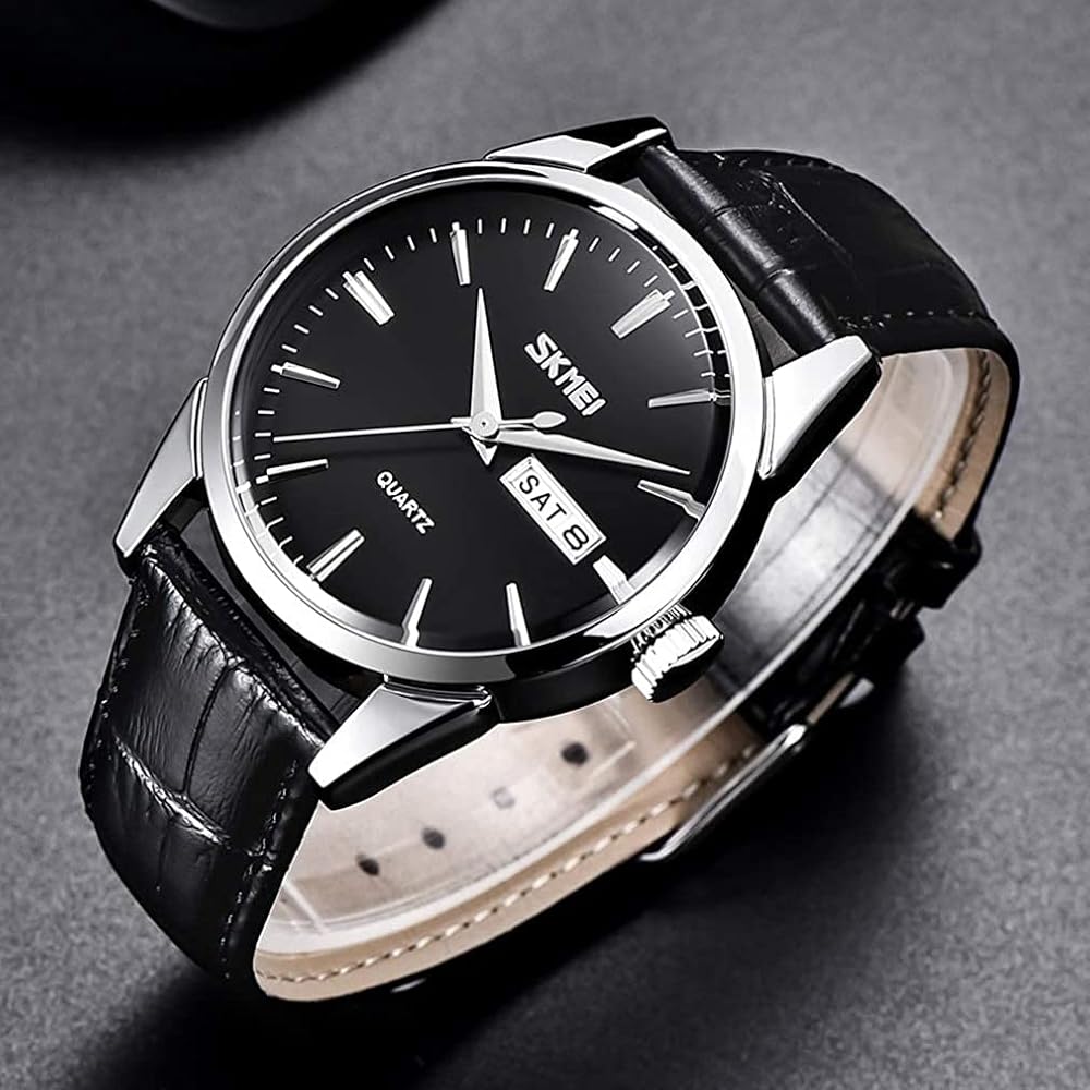 Men's Classic Black Leather Strap Watch Waterproof Quartz Analog Casual Lightweight Date Day Display