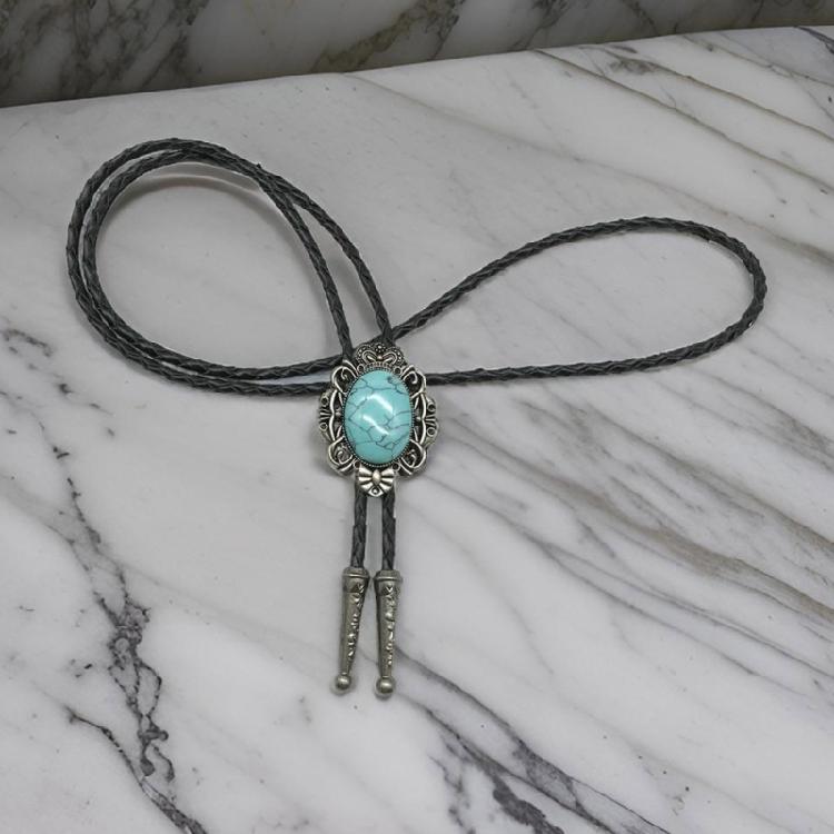 Western Cowboy Vintage Metal Flower Crown Stone Pendant Bolo Tie Braided Leather Rope Necktie Necklace Jewelry Neckwear