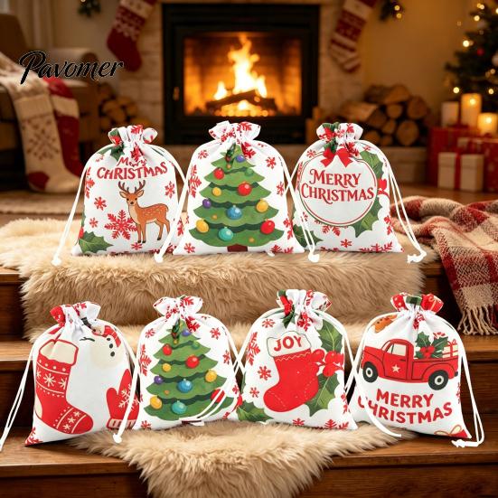 Holiday Theme Candy Carriers 2Pcs Christmas Drawstring Gift Bags, Xmas Tree Reindeer Printed Treat Festival Packaging Pouches, Reusable Fabric