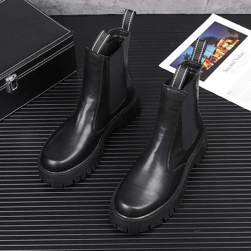 Fashion Korean Designer Mens Fashion Platform Boots Black White Genuine Leather Shoes Trend Handsome Chelsea Boot Cowboy Short Botas Man