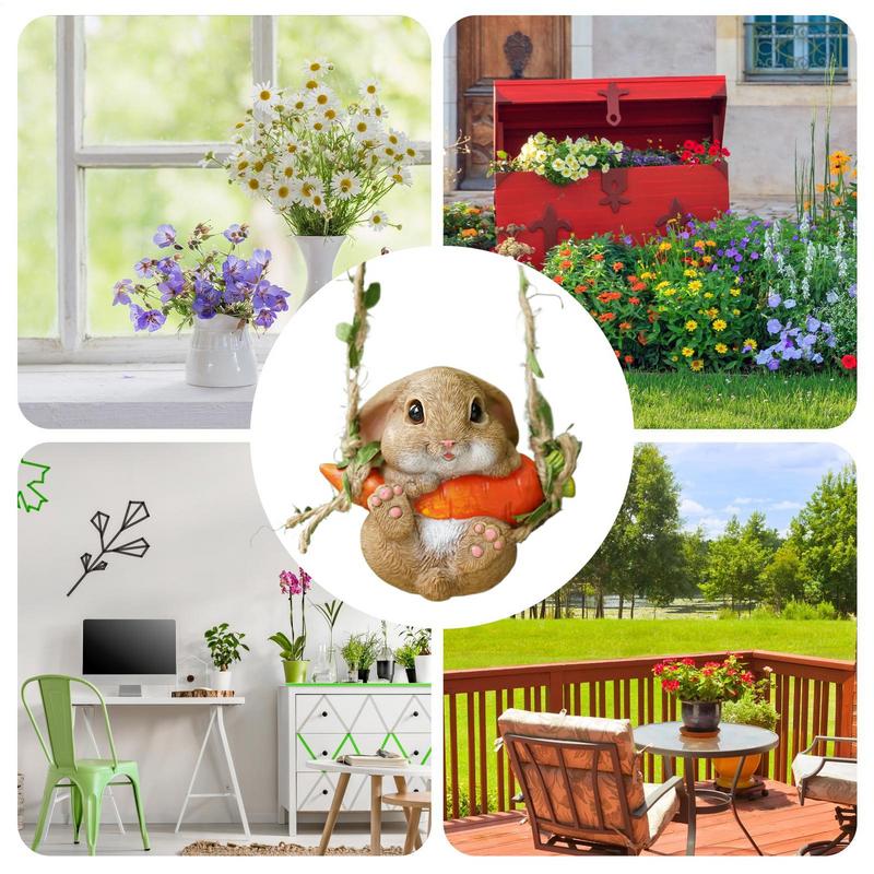Easter Bunny Pendant Landscaping Animal Statue with Swing Rope & Hook Rustic Swinging Rabbit Figurine Hanging Ornaments for Car