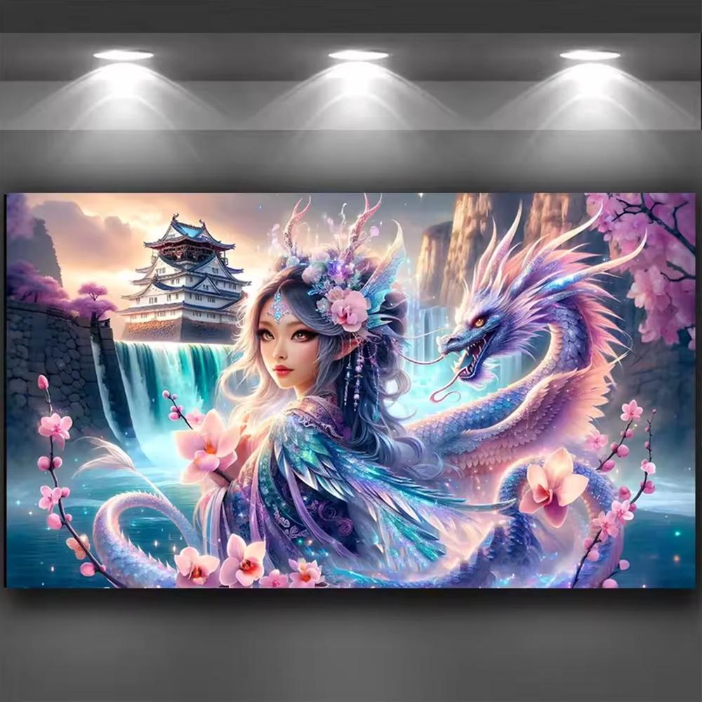 Large Size Mosaic DIY Full Diamond Painting Kits Art Fantasy Girl and Dragon Embroidery Cross Stitch Rhinestones